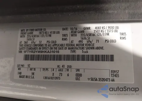 2017 Ford Transit-250 из США, поврежденный, VIN 1FTYR2YM9HKA31016